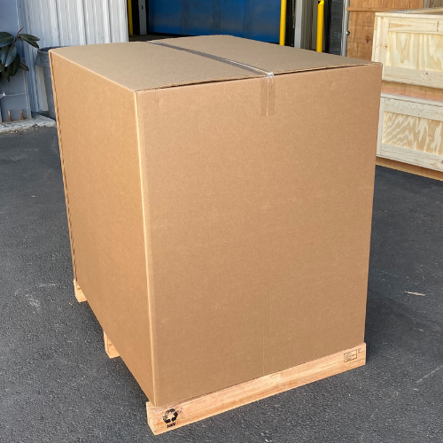Corrugated box on pallet designed and manufactured by Larson Packaging Company
