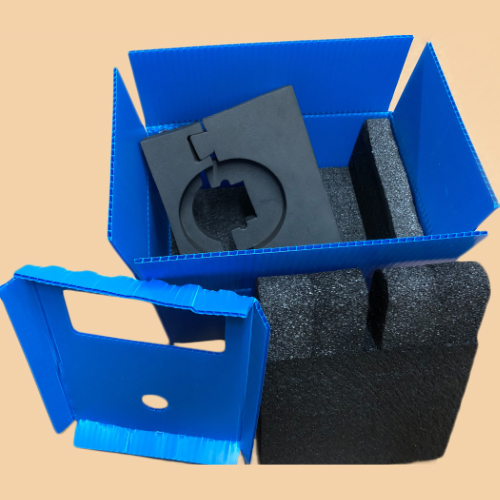 blue plastic corrugated box with black foam insert